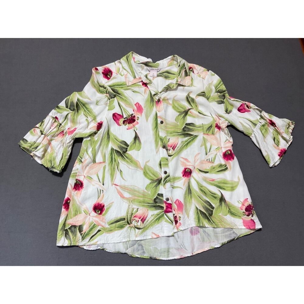 Alison Daley Dillard's Tropical Floral Bell Sleeve Blouse M‎ Button Front